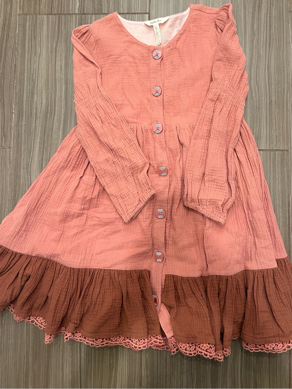 Matilda Jane Coral Pink Dress with Brown Ruffle Hem